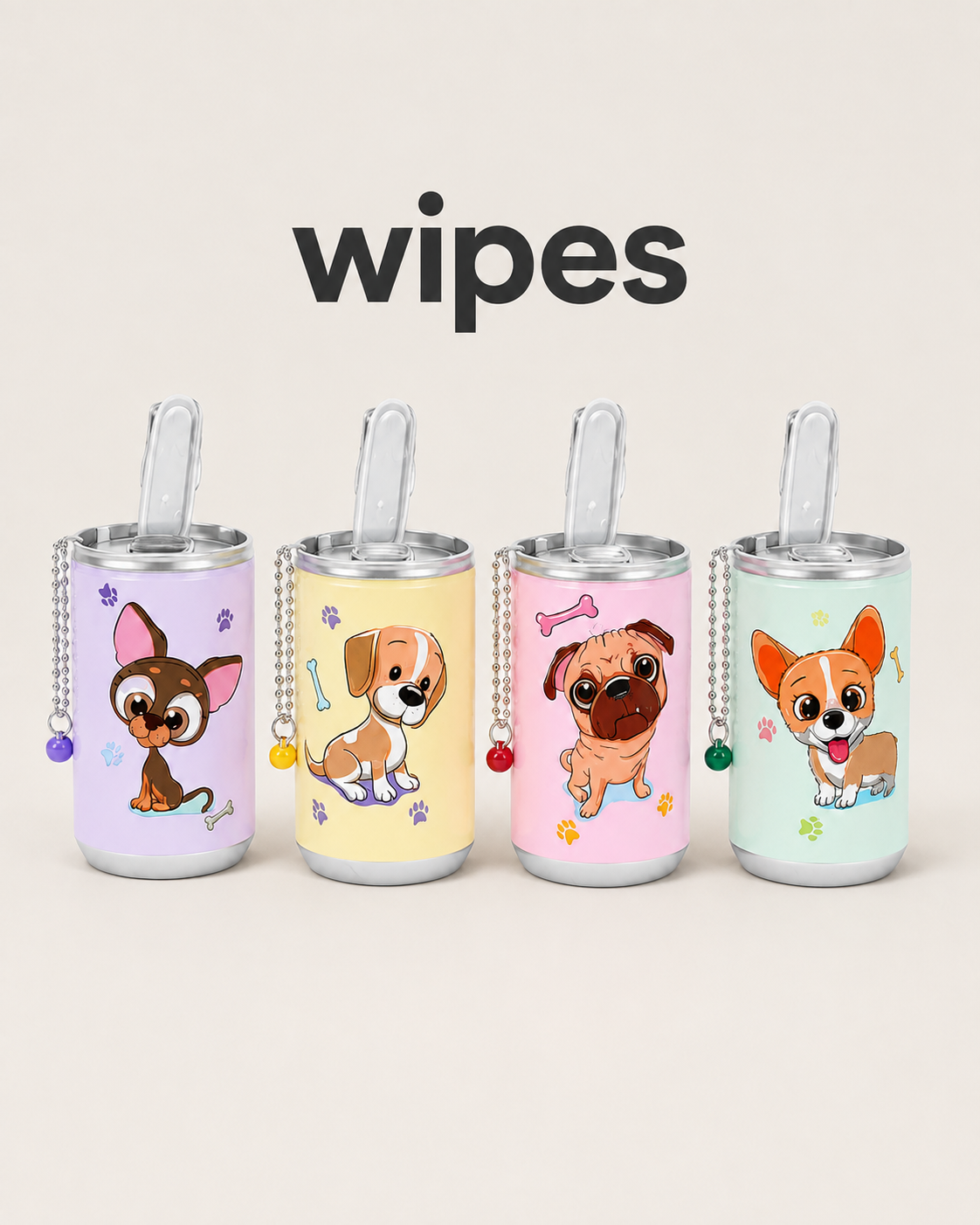 Portable pet wipes dispensers in four colorful dog designs