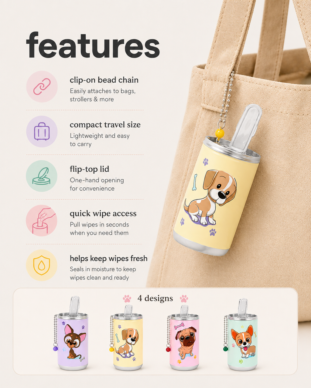 Portable pet wipes dispenser features with clip-on chain, flip-top lid and quick wipe access