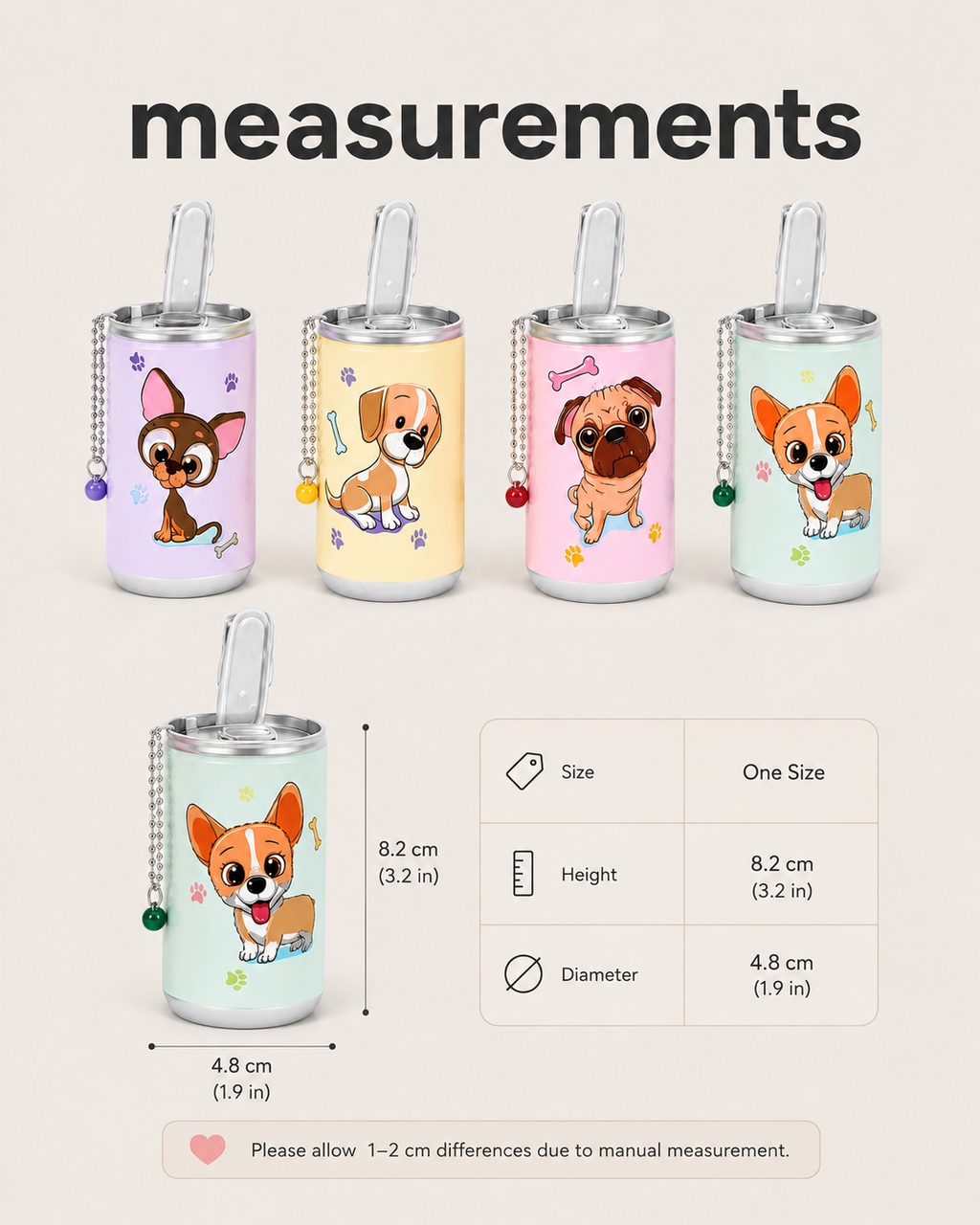 Portable pet wipes dispenser measurements showing 8.2 cm height and 4.8 cm diameter