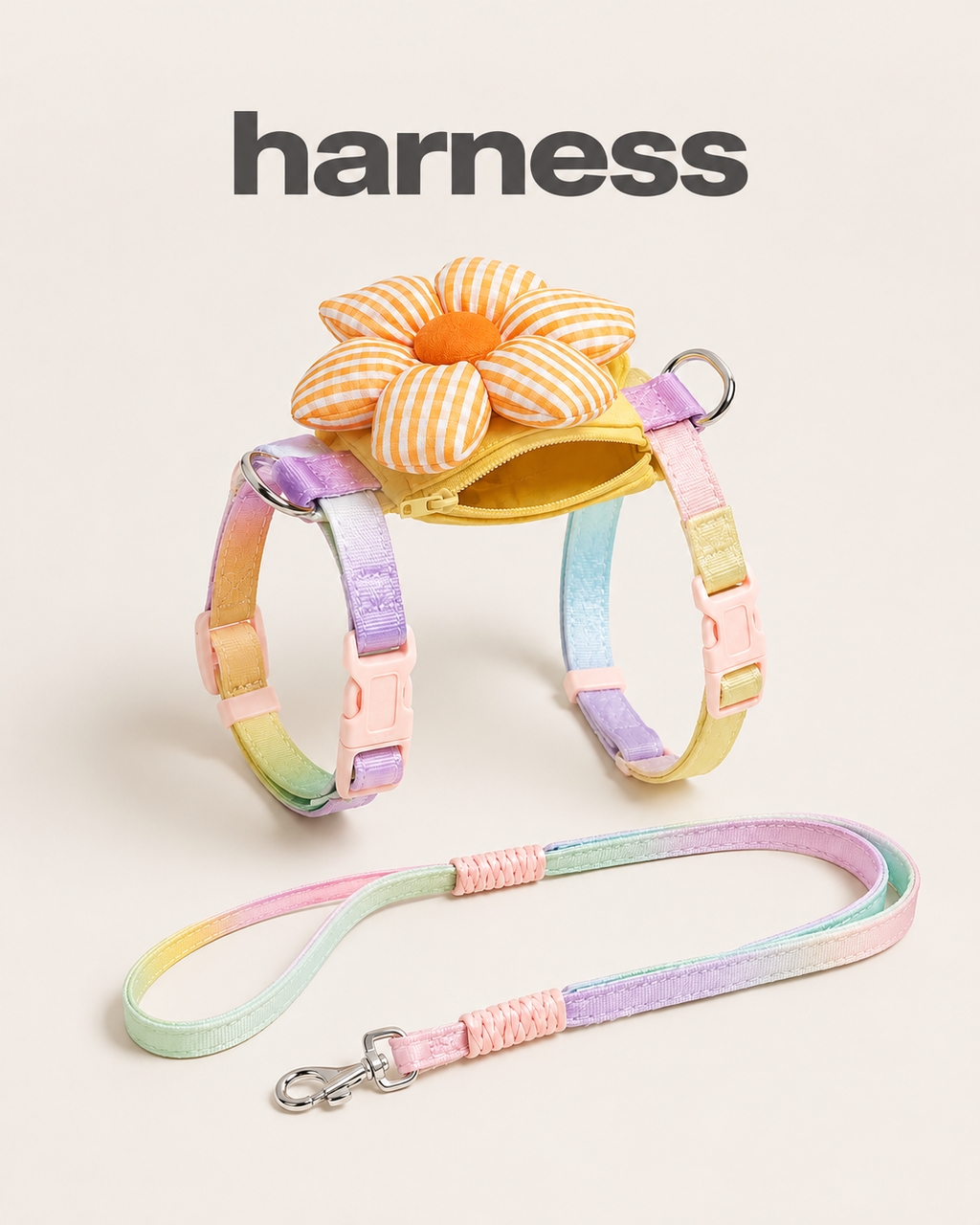 Pastel rainbow harness and matching leash with orange gingham daisy pocket