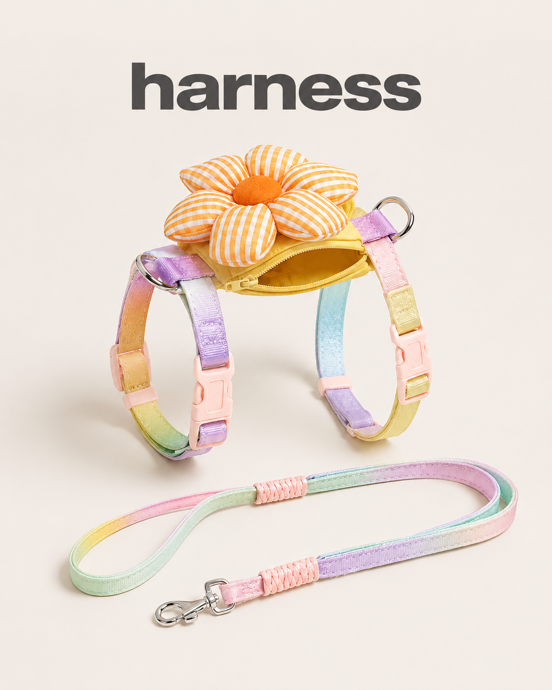 Pastel rainbow harness and matching leash with orange gingham daisy pocket
