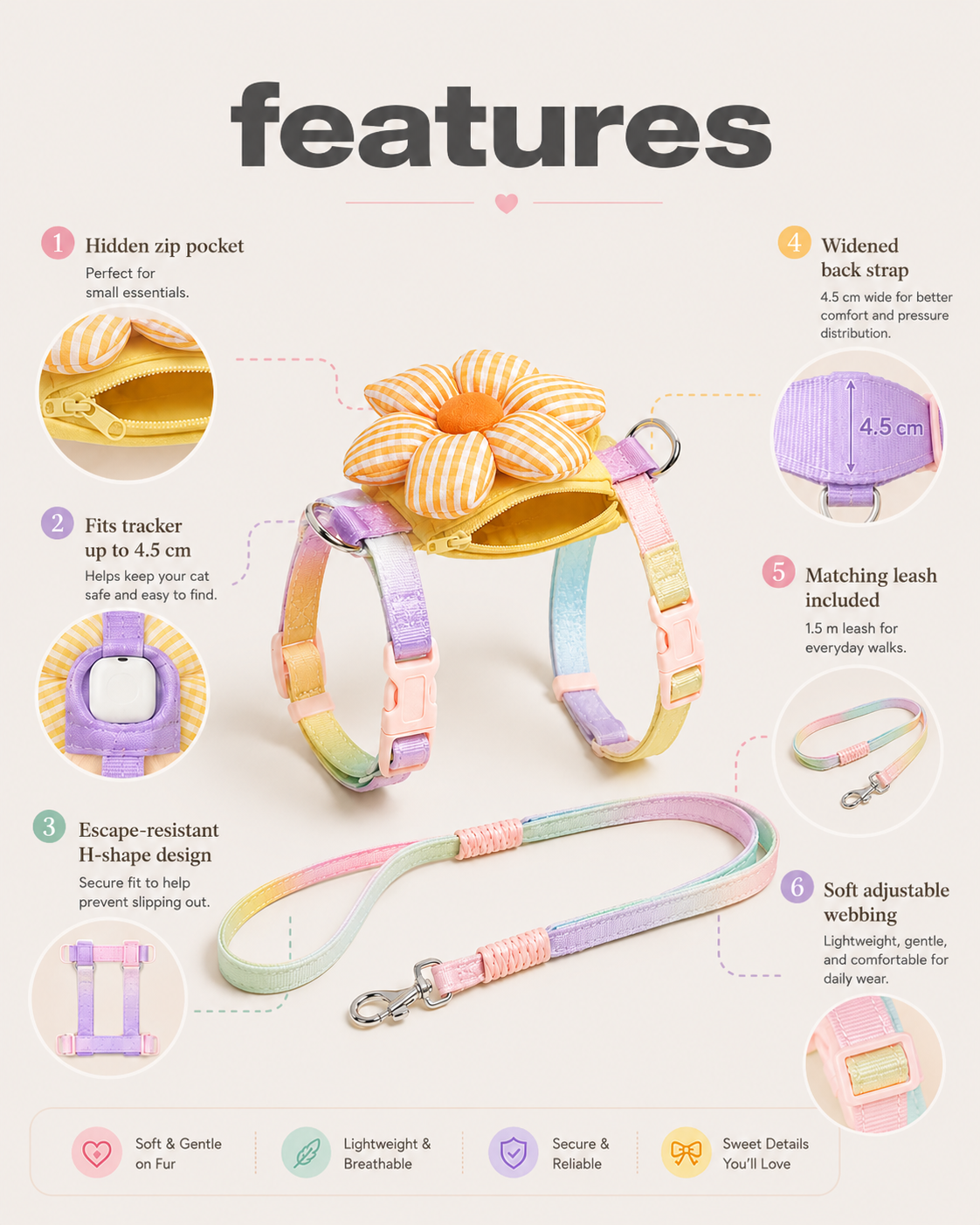 Rainbow daisy harness features with hidden zip pocket, tracker holder, adjustable straps and matching leash
