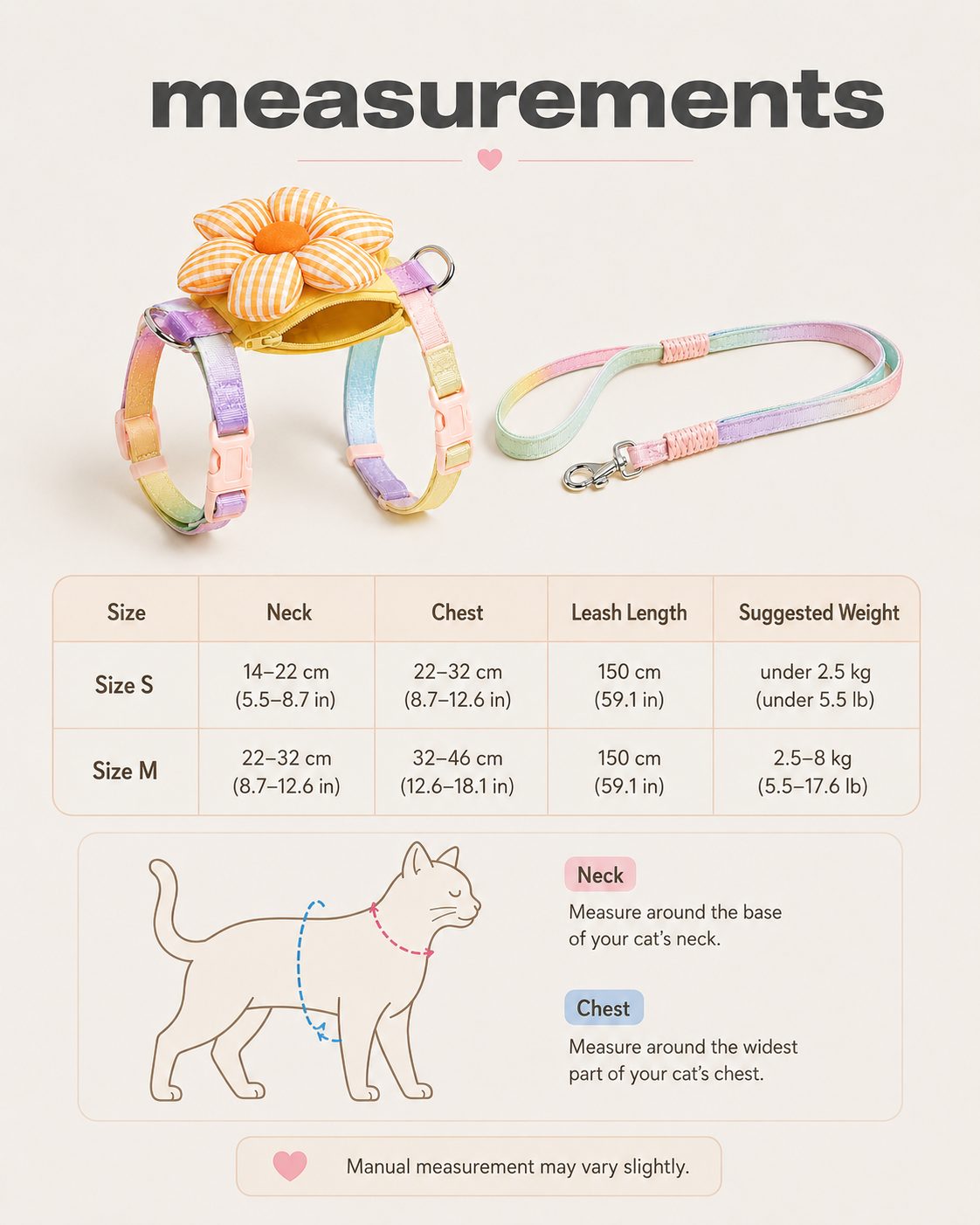 Rainbow daisy harness size guide showing neck, chest and leash measurements for sizes S and M