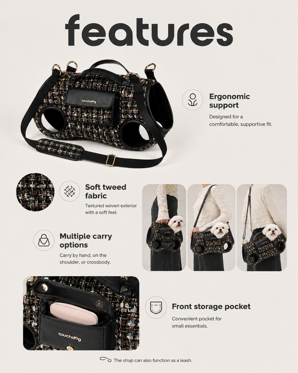 Tweed pet carrier features with ergonomic support, soft woven fabric, front pocket and multiple carrying options