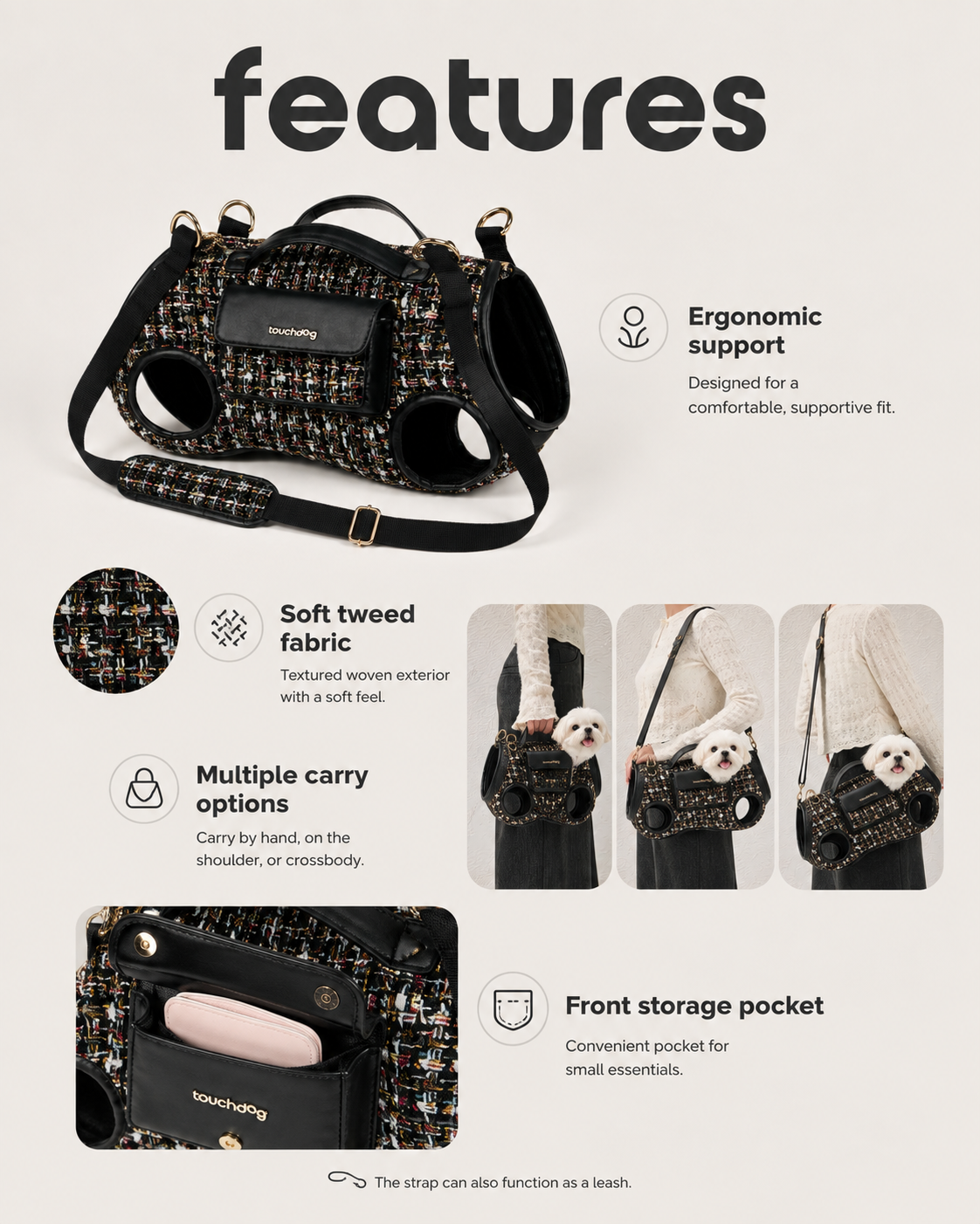 Tweed pet carrier features with ergonomic support, soft woven fabric, front pocket and multiple carrying options