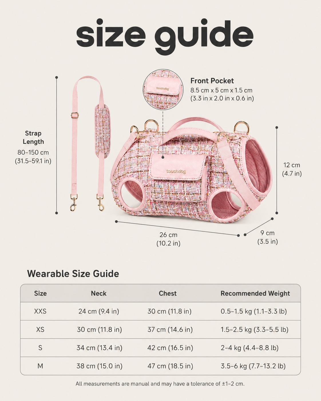 Tweed pet carrier size guide with XXS to M neck, chest and recommended weight measurements
